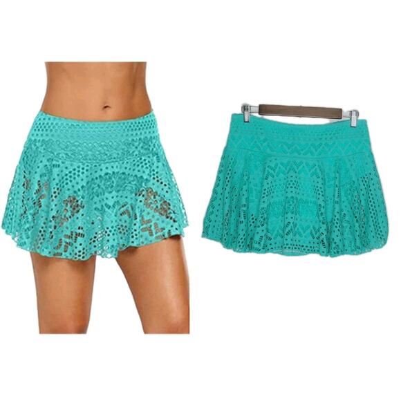Rekita Sz L Turquoise Blue Geometric Laser Cut Mesh Swim‎ Skirt Built In Panties - Picture 1 of 8